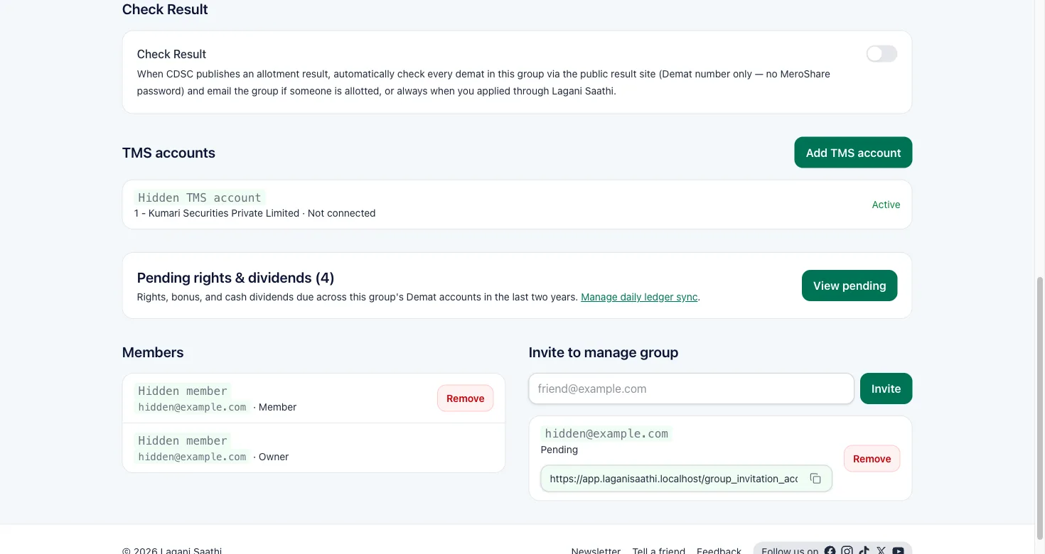 Group page Pending rights and dividends section with View pending button