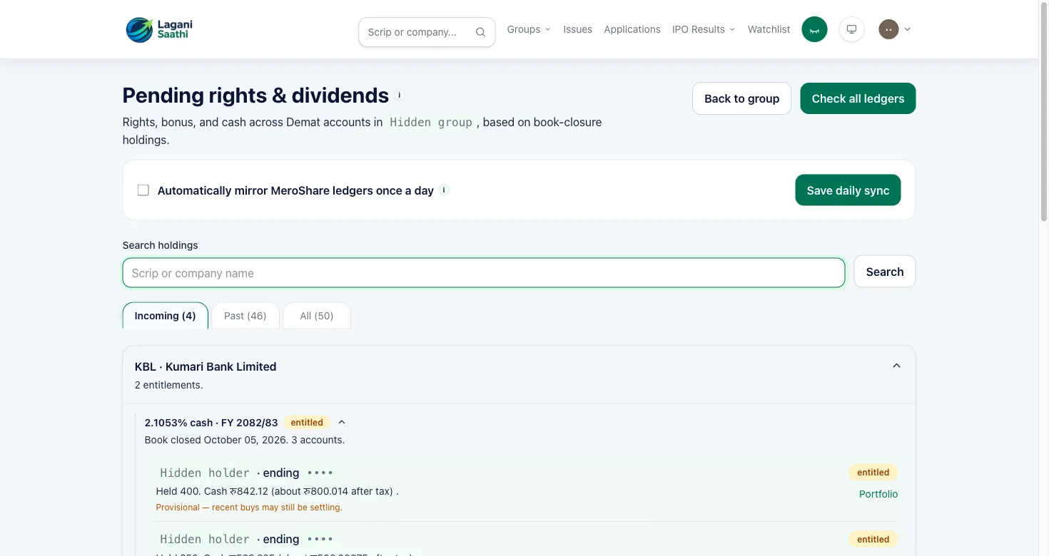 Pending rights and dividends inbox with Incoming tab and scrip cards