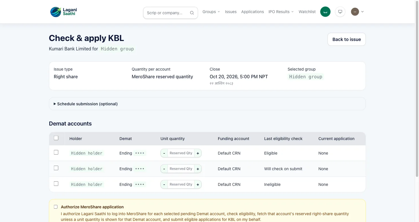 Right-share Bulk Apply confirmation with account selection and authorize checkbox